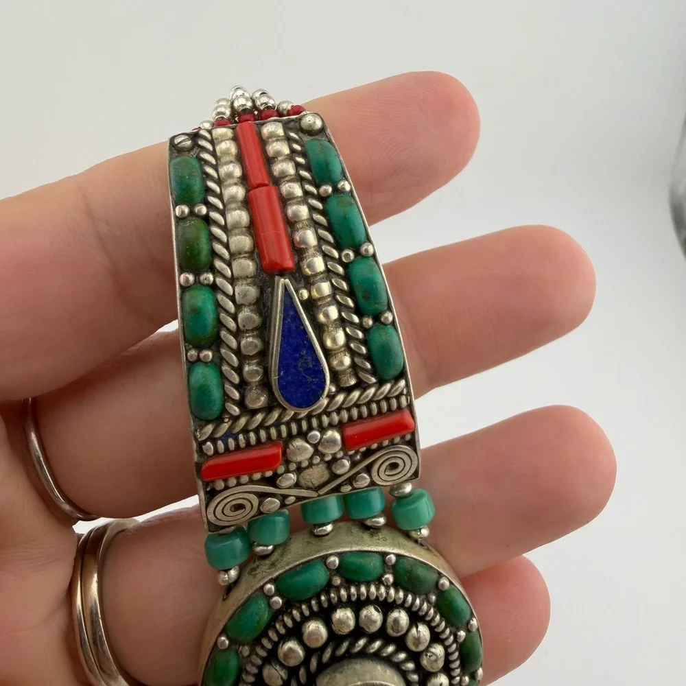 Tibetan Lapis Southwestern Boho Turquoise Coral Inlay Cuff Bracelet